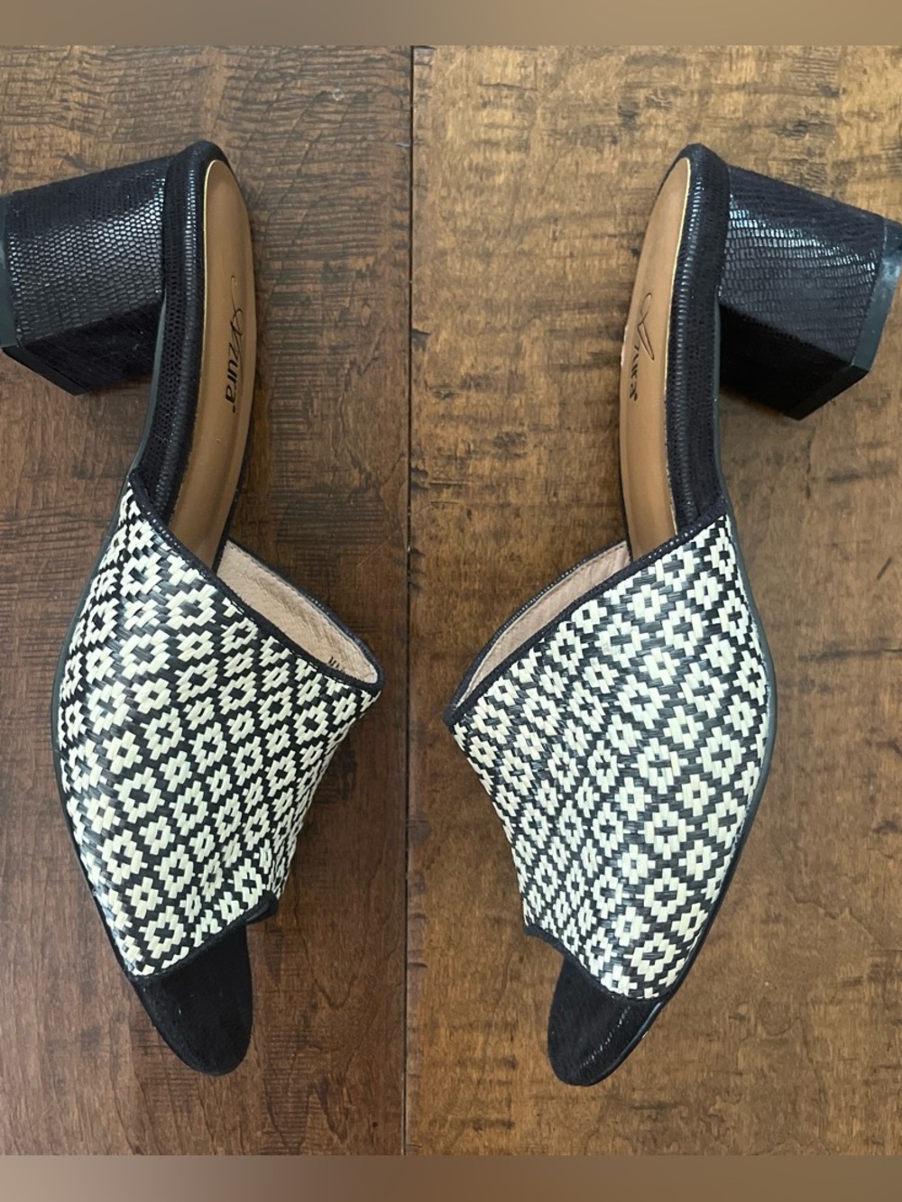 Azura by Spring Step black and cream woven geometric pattern slide mule sandals